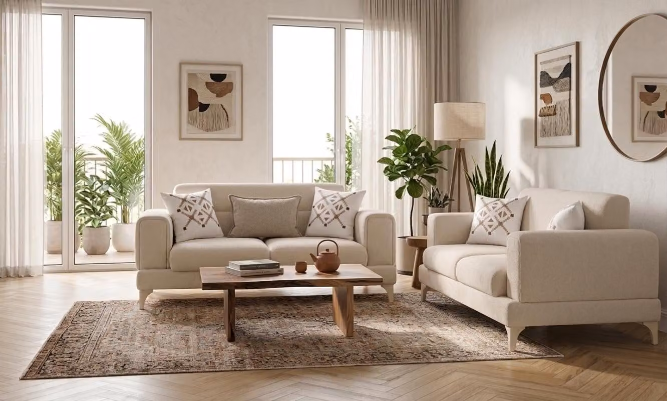 Wohnzimmer Set 3-Sitzer 2-Sitzer Sofa Beige Stoff Modern Polstermöbel