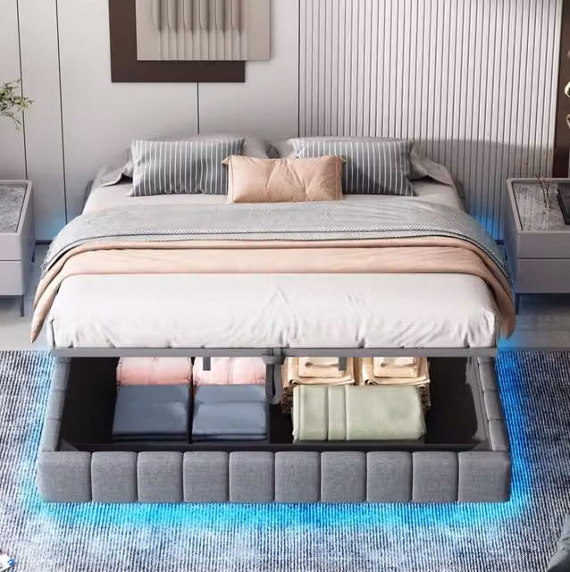 Letto imbottito 180x200 cm con base sospesa idraulica e contenitore, senza testiera, tessuto in lino grigio con luce LED