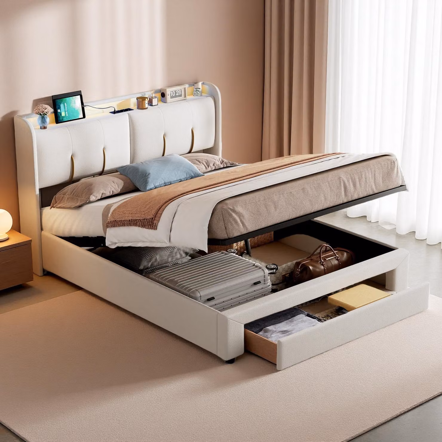 ProximaX Letto imbottito idraulico 160x200cm con USB e Type-C, letto per giovani letto matrimoniale con Led, letto contenitore letto a molle con rete a doghe, velluto, beige