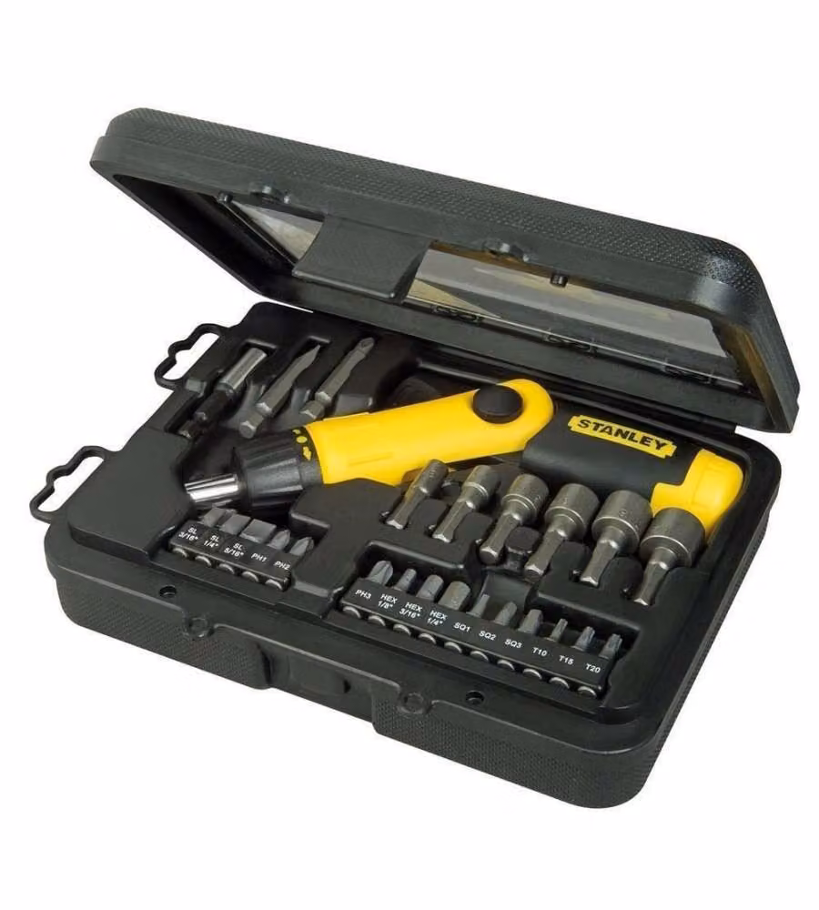 Set di 25 pezzi di giravite a cricchetto Stanley con impugnatura a pistola e inserti standard, Phillips, Torx ed esagonali, colore giallo