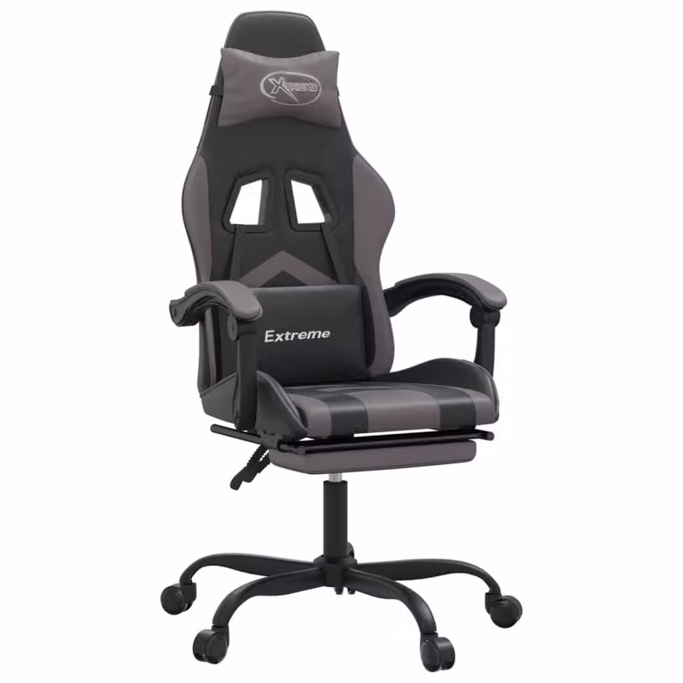 Sedia da Gaming Girevole Poggiapiedi Nero e Grigio Pelle finta