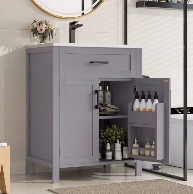 Mobile bagno freestanding moderno con lavabo in ceramica, L: 60 cm, P: 46 cm, H: 84,8 cm, grigio e nero