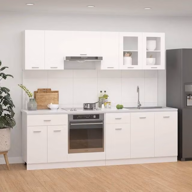 Set di armadi da cucina moderni vidaXL in legno multistrato bianco opaco, 8 pezzi – 1