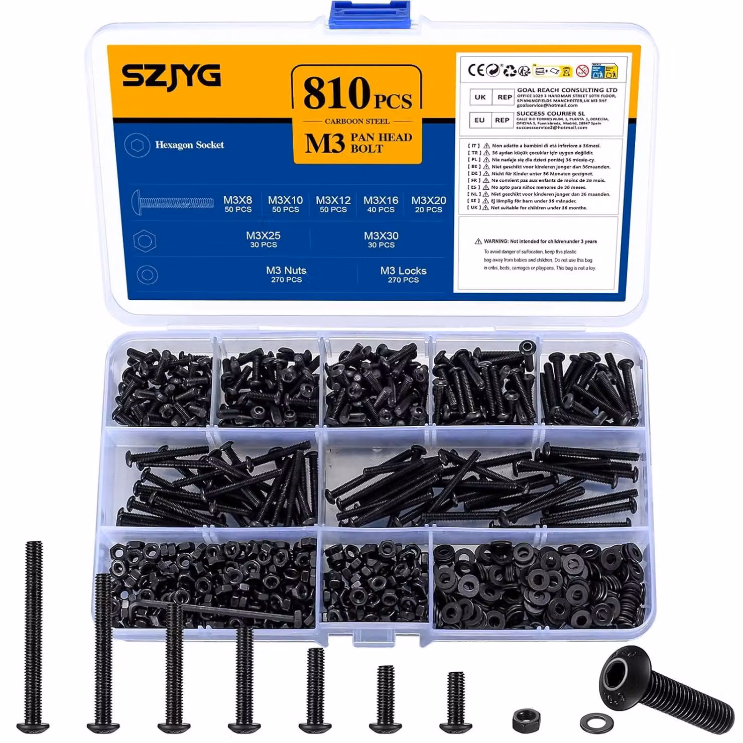 Set di viti M3, composto da 810 pezzi, contenente viti a testa esagonale, dadi e rondelle, per montaggio