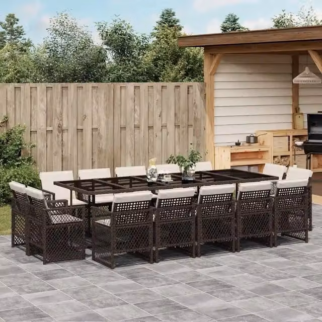 Set da pranzo da giardino vidaXL in polyrattan marrone con 15 pezzi e cuscini