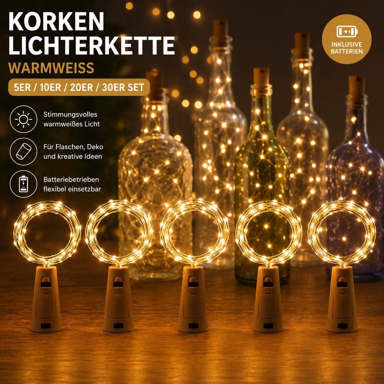 Catena di luci a LED per bottiglie con tappi – Set da 30, con 2 metri e 20 LED per filo, alimentata a batteria, colore bianco caldo, modello E0399