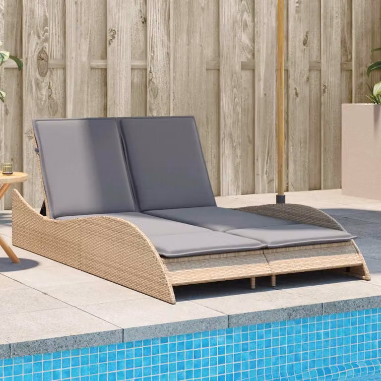 vidaXL Lettino Prendisole in Polyrattan con Cuscini Beige e Grigio, L: 114 cm, P: 205 cm, H: 73 cm