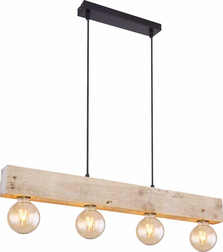 Lampada a sospensione Globo, struttura in metallo nero opaco, elementi in legno color naturale, cavo in tessuto nero, altezza regolabile, dimensioni: 800x60x1200 mm, esclusa lampadina: 4 x E27, 60W, 230V