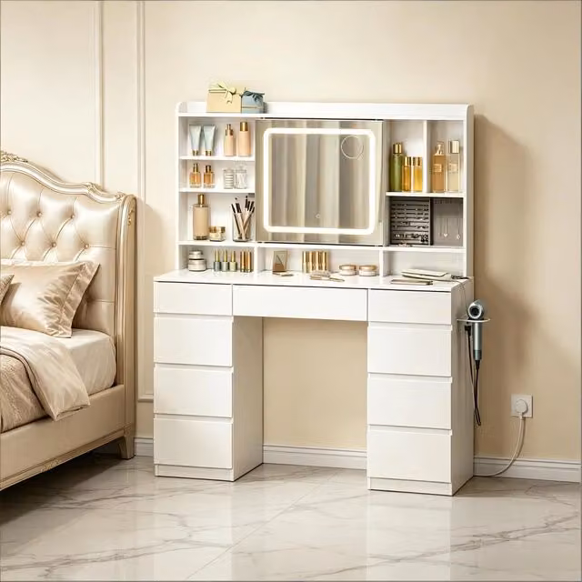 Toeletta Mivray con specchio scorrevole LED dimmerabile, 9 cassetti e prese USB e Type-C, Bianca, L 110 x P 40 x H 140 cm