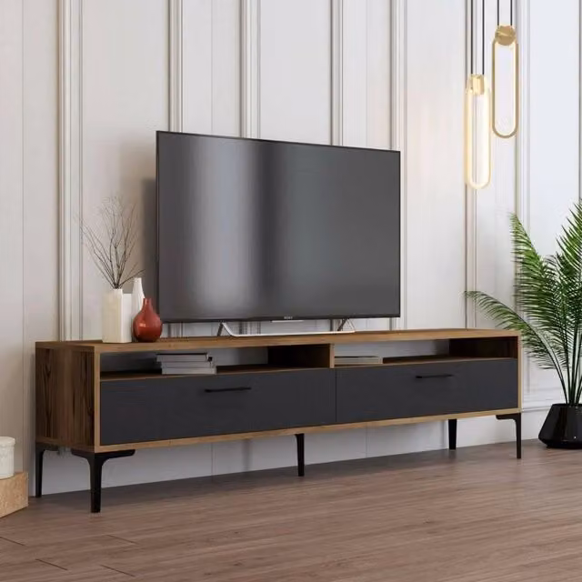 Mobile porta TV Angiari, Credenza da soggiorno, Armadio basso per TV, Base parete attrezzata, 180x47h35 cm, Noce e Antracite
