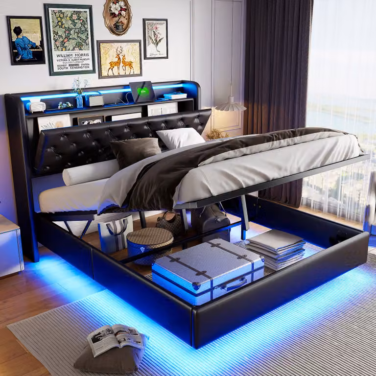 UnboxG Letto imbottito 140x200cm con USB e Type-C, letto matrimoniale per ragazzi con LED, letto contenitore idraulico con rete a doghe, PU, nero