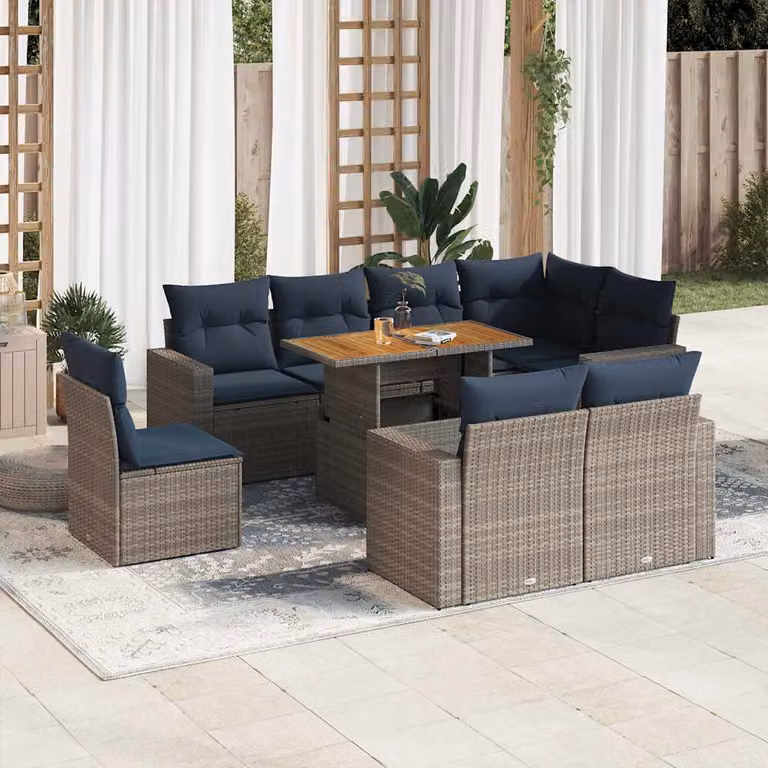 Set Divano da Giardino vidaXL 9 pz in Polyrattan con Cuscini e Tavolino, Colore Grigio e Blu