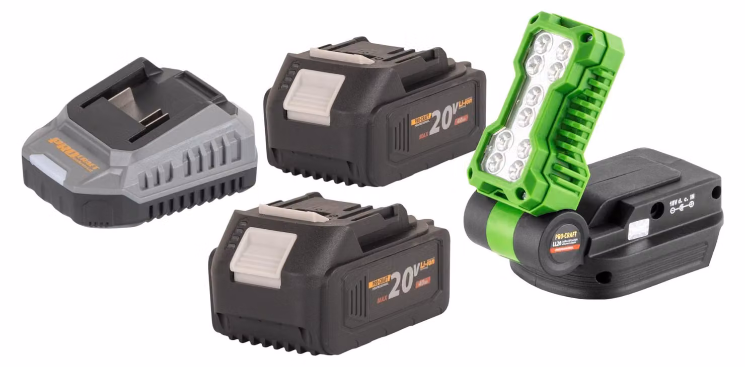 Procraft LL20bb Faretto LED a batteria 20 V 500 lm + 2x batteria 4,0 Ah + caricabatteria