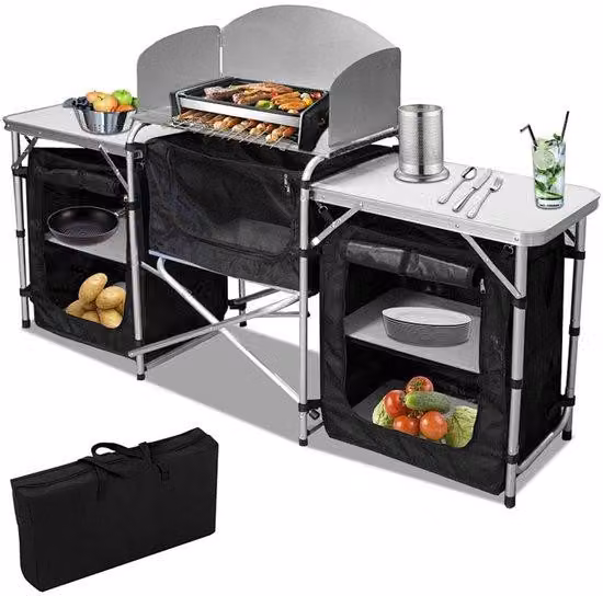 Tavolo pieghevole da campeggio con 3 superfici di lavoro – 164,5 x 104 x 52 cm, ideale per campeggio e giardino