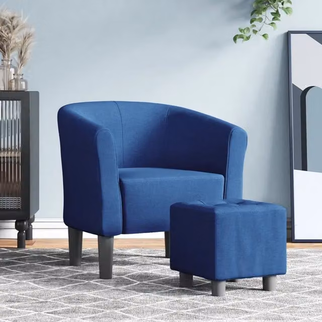 Divano Sedia-Poltrona Cabriolet con Poggiapiedi Blu in Tessuto e Struttura in Legno di Pino