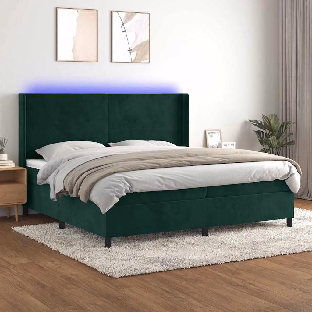 Letto Ibrido con Materasso a Molle Insacchettate vidaXL in Velluto Verde Scuro con Illuminazione LED e Porte USB L/P/H: 200 x 200 x 128 cm
