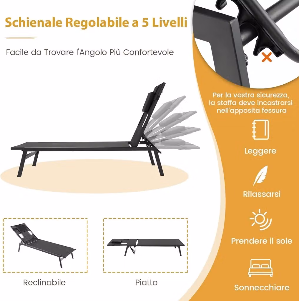 Lettino Prendisole da Giardino Costway in Textilene Nero con Schienale Regolabile e Poggiatesta Staccabile – 2