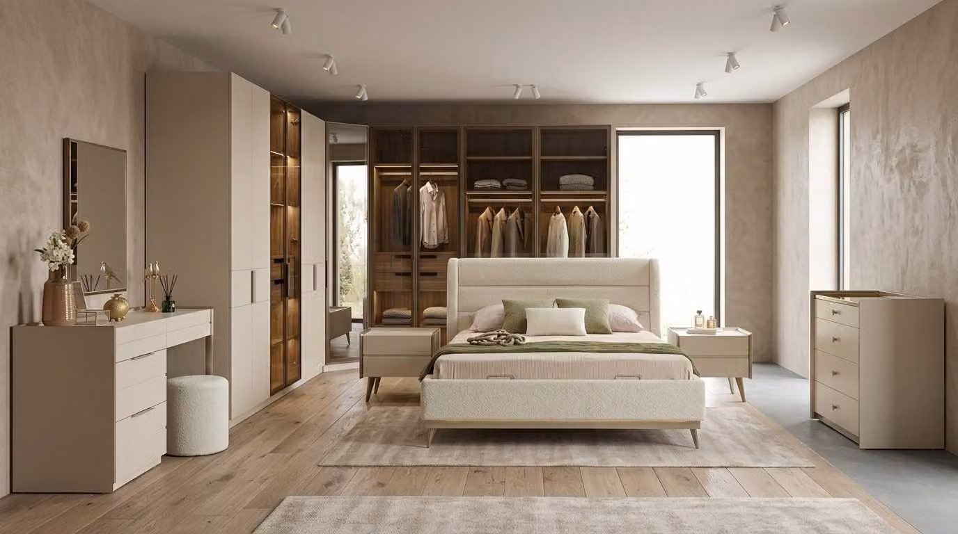 Set completo per camera da letto moderno, color beige, con letto comò da trucco e armadio