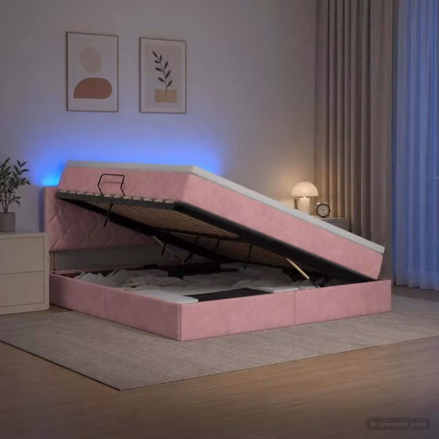 Letto con contenitore e illuminazione LED vidaXL in velluto rosa L: 180 cm, P: 200 cm, H: 204 cm