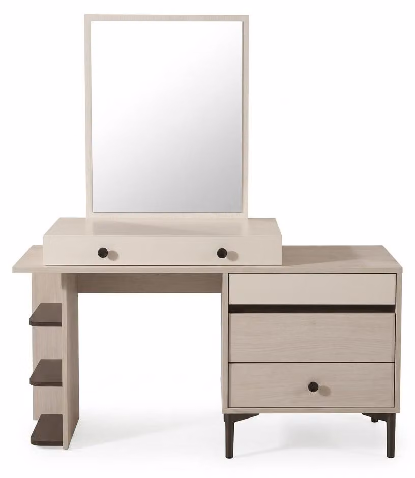 Comò beige con specchio, tavolino in legno confortevole per la camera da letto, design moderno