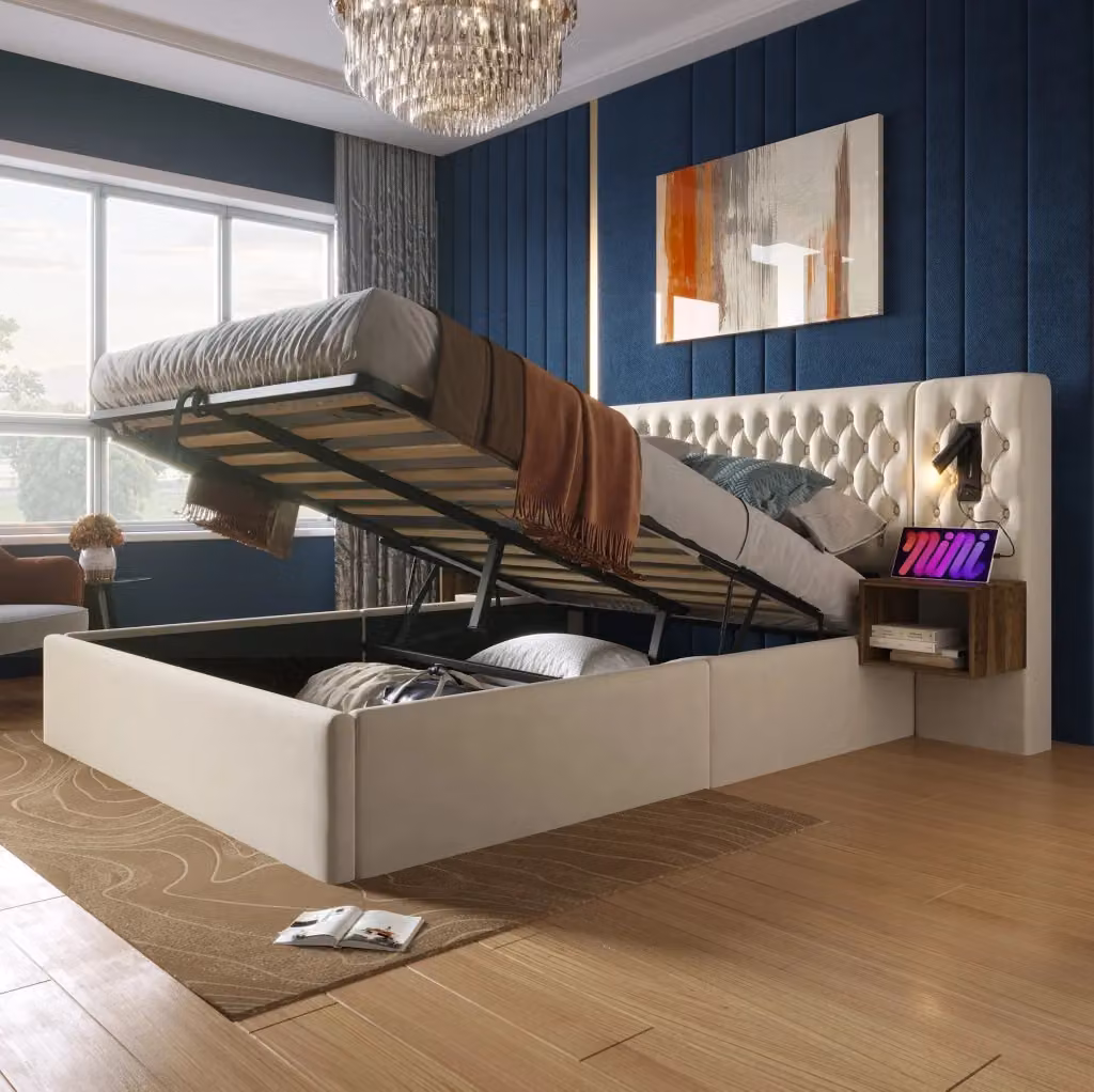 Letto matrimoniale MODFU in velluto beige con contenitore, luci di lettura integrate, porta USB e mensola laterale, L/P: 160 x 200 cm – 2