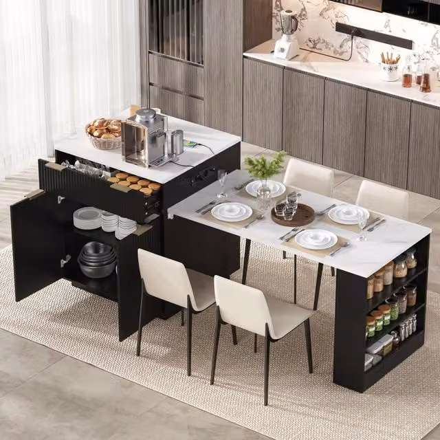 Tavolo da pranzo allungabile con 4 cassetti, LED e prese, isola per cucina e sala da pranzo, nero, 127.5 × 67 × 92 cm
