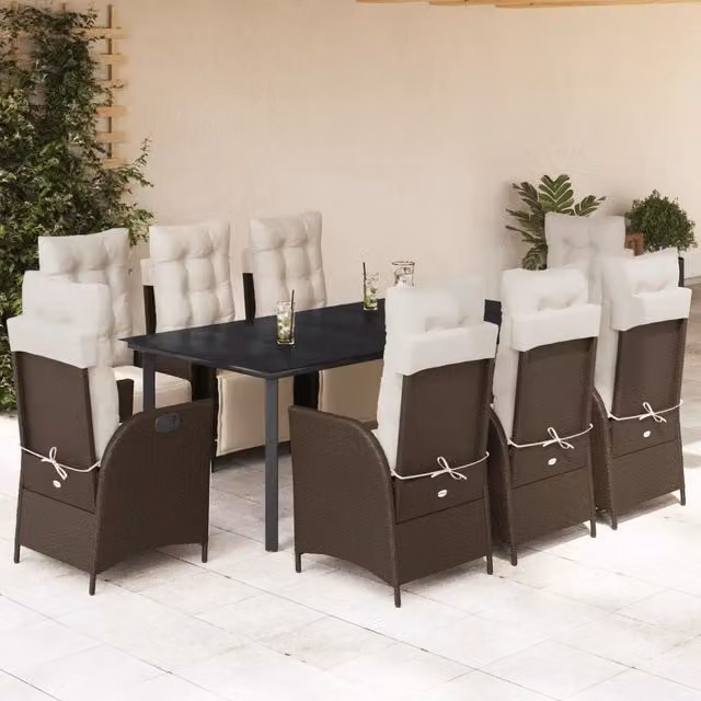 Set da Pranzo da Giardino 9 Pezzi vidaXL in Polyrattan Marrone con Tavolo in Vetro e Cuscini – 1