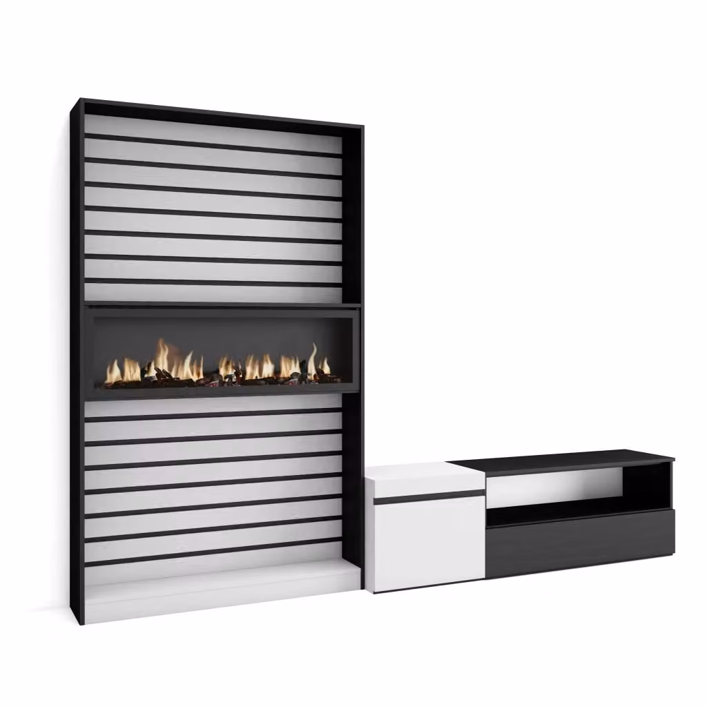 Mobile TV da soggiorno Skraut Home con camino elettrico, per TV fino a 65 pollici, Bianco e nero, L/P/H: 260 x 35 x 186 cm – 2