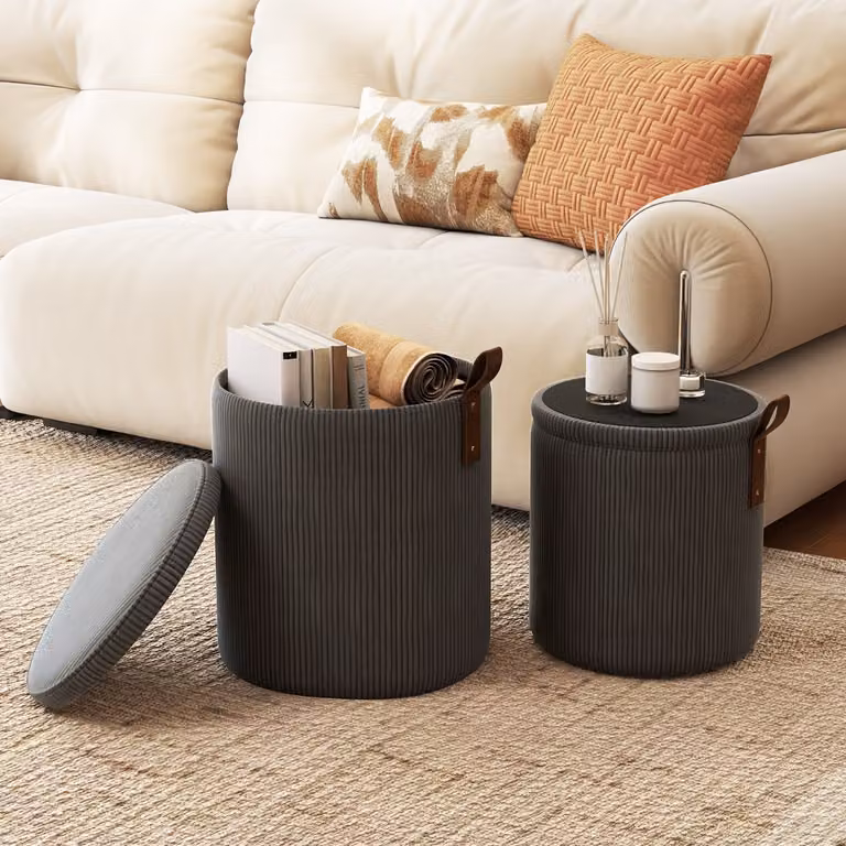Set di 2 Pouf rotondi Costway con contenitore, sgabelli impilabili in velluto a coste Grigio con coperchi removibili