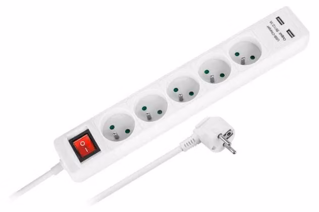 Rebel Cavo di prolunga 5 x presa + 2 x USB + interruttore, 3 m, bianco