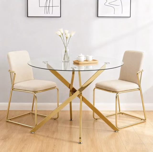 Tavolo da pranzo rotondo 80x80x76 cm oro; vetro temperato con base a croce