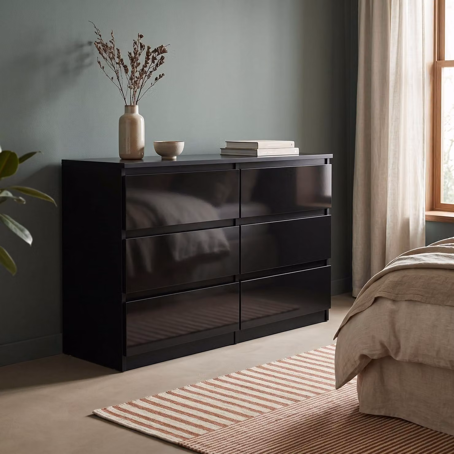 Comodà Masseno NUDO da 138,5 cm con 6 cassetti e ante, per soggiorno e camera da letto, stile moderno, 138,5x39x78,5 cm, nero / nero