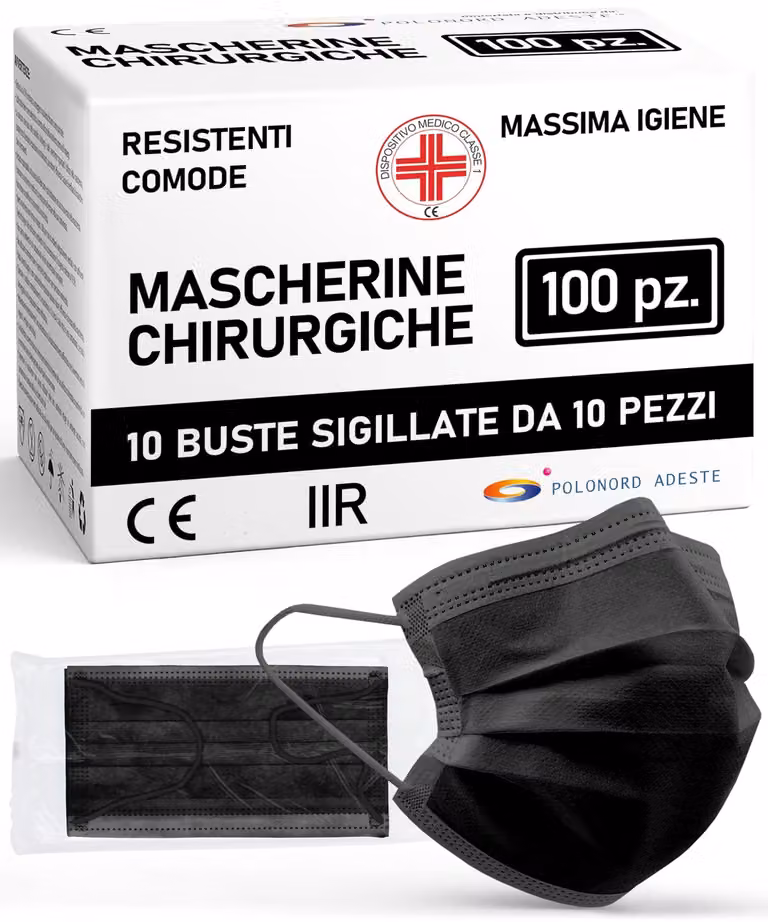 Mascherine chirurgiche monouso, colore nero, tipo IIR, a 3 strati, confezione da 100 pezzi, adatte per uso medico e quotidiano