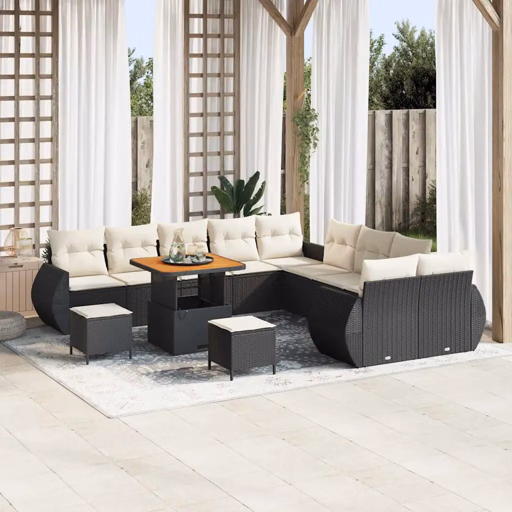 Set Divano da Giardino vidaXL a forma a U composto da 13 pezzi con cuscini in nero e struttura in metallo e legno di acacia – 1