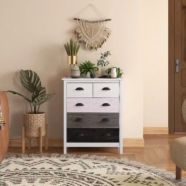 Cassettiera con 5 cassetti e sistema antiribaltamento per camera da letto e soggiorno in MDF bianco, 70×38×85 cm