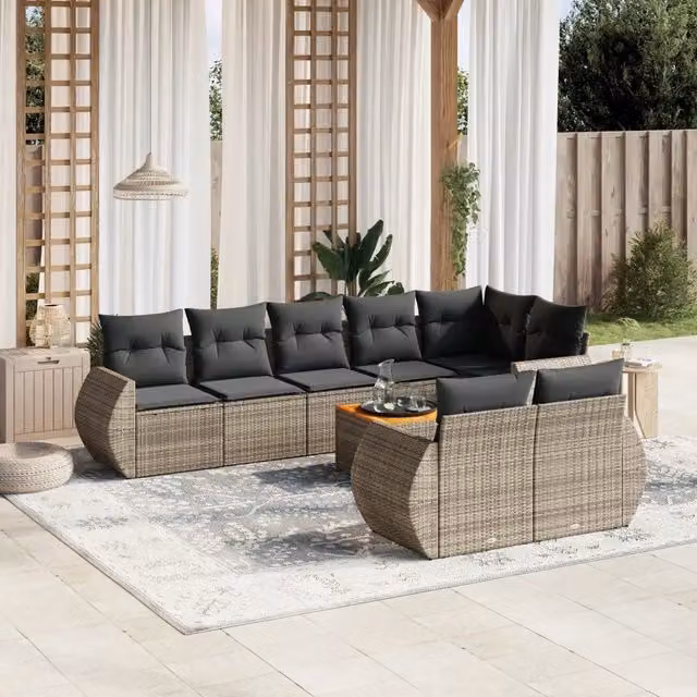 Set Divano da Giardino 9 pz con Cuscini Grigio in Polyrattan 3225094