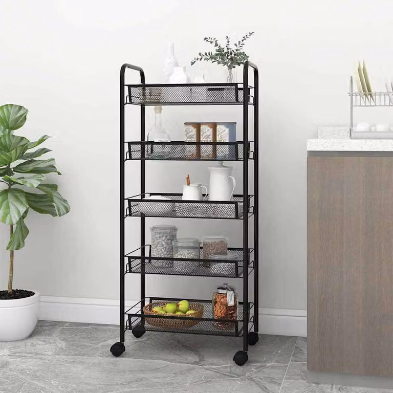 vidaXL Carrello da Cucina Moderno in Metallo Nero con 5 Ripiani e Ruote L/P/H: 46 x 26 x 105 cm