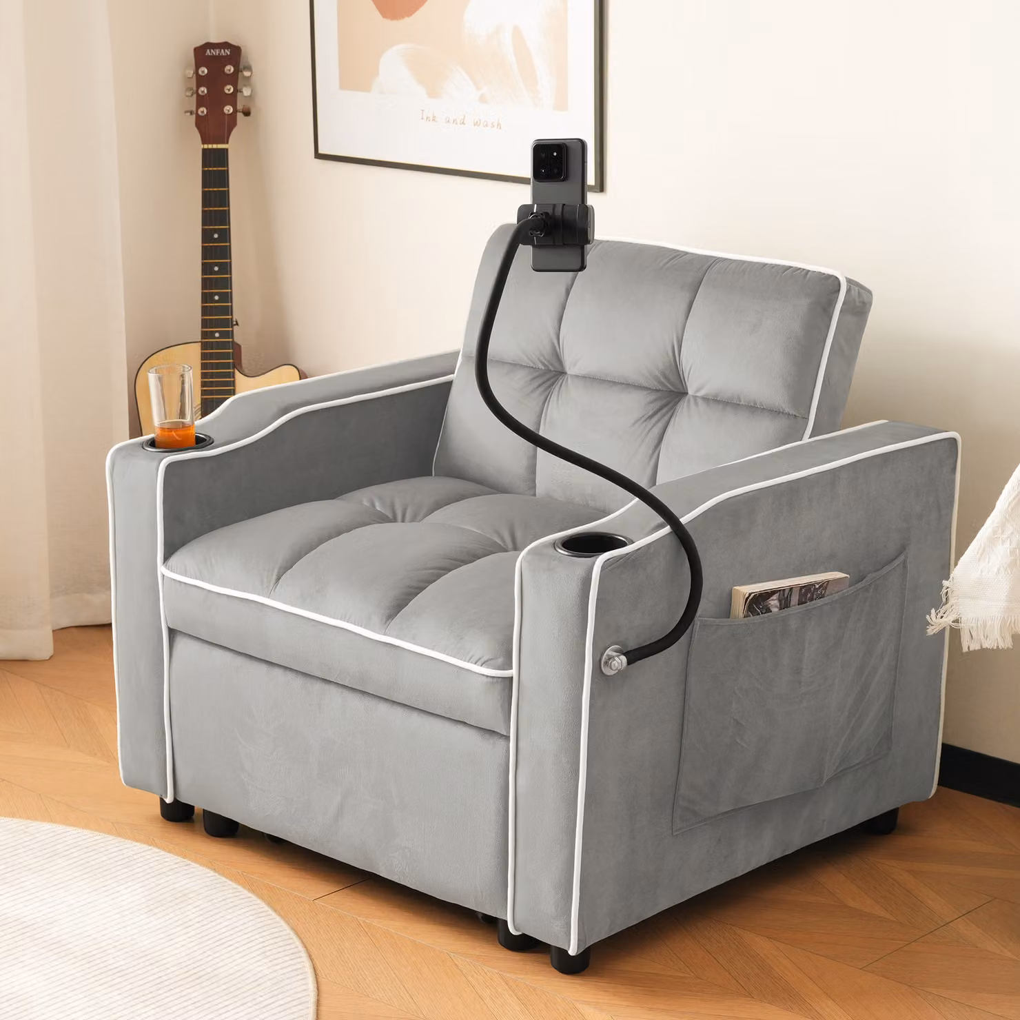 okwish 3 v 1: Letto singolo pieghevole – con supporto per telefono, poltrona relax, poltrona letto, ideale per piccoli spazi, 8316776 cm, grigio chiaro