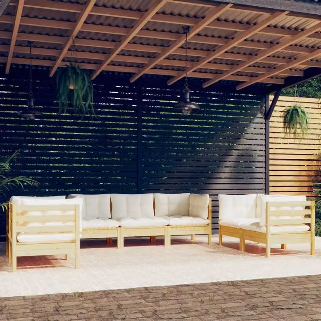Set Divani da Giardino 7 pz con Cuscini Crema Massello di Pino 3096256