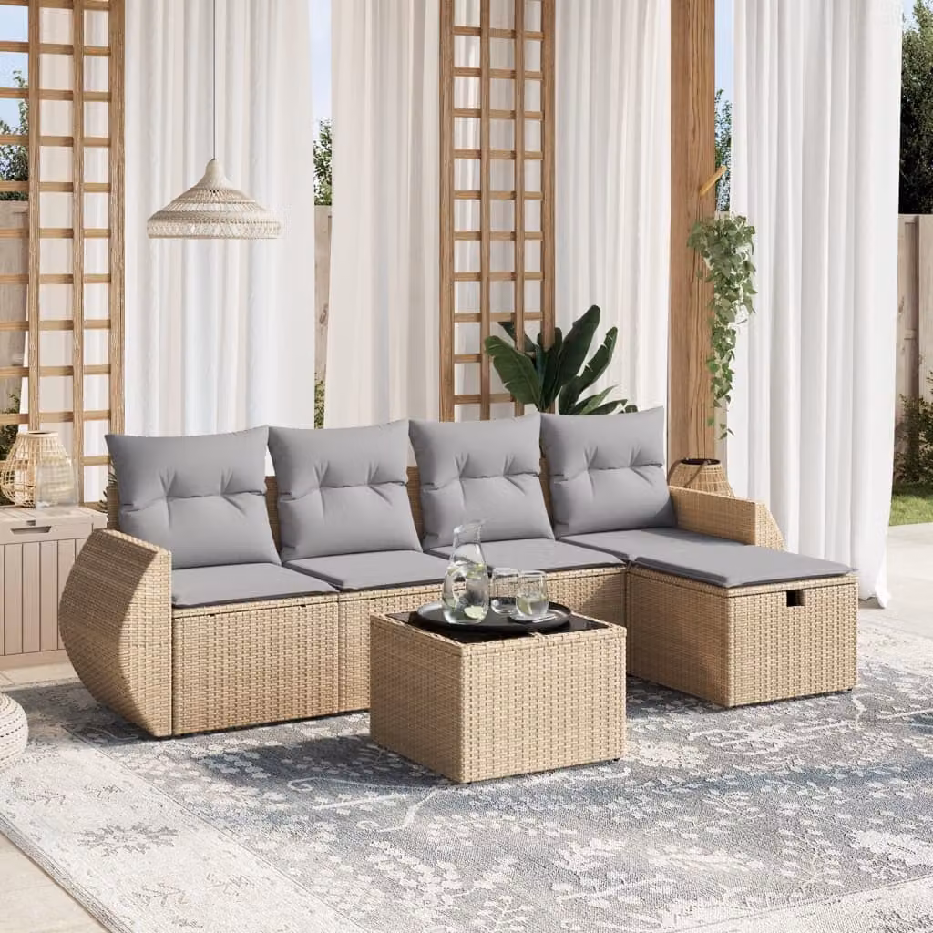 vidaXL Set Divano da Giardino a L 6 pz con Cuscini Beige e Grigio in Polyrattan e Acciaio – 1