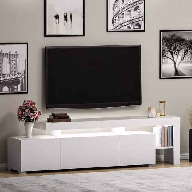 Mobile Porta TV Trasacco DMORA Bianco con Ripiano e Illuminazione Integrata L: 192 cm, P: 37 cm, H: 53 cm – 1