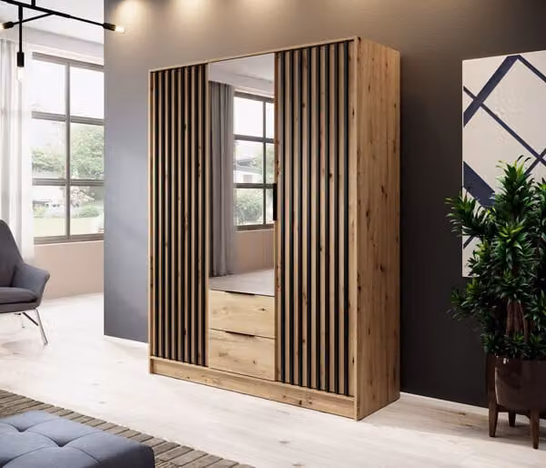 Armadio "Nelly" ad ante battenti rovere Artisan nero larghezza 155 cm