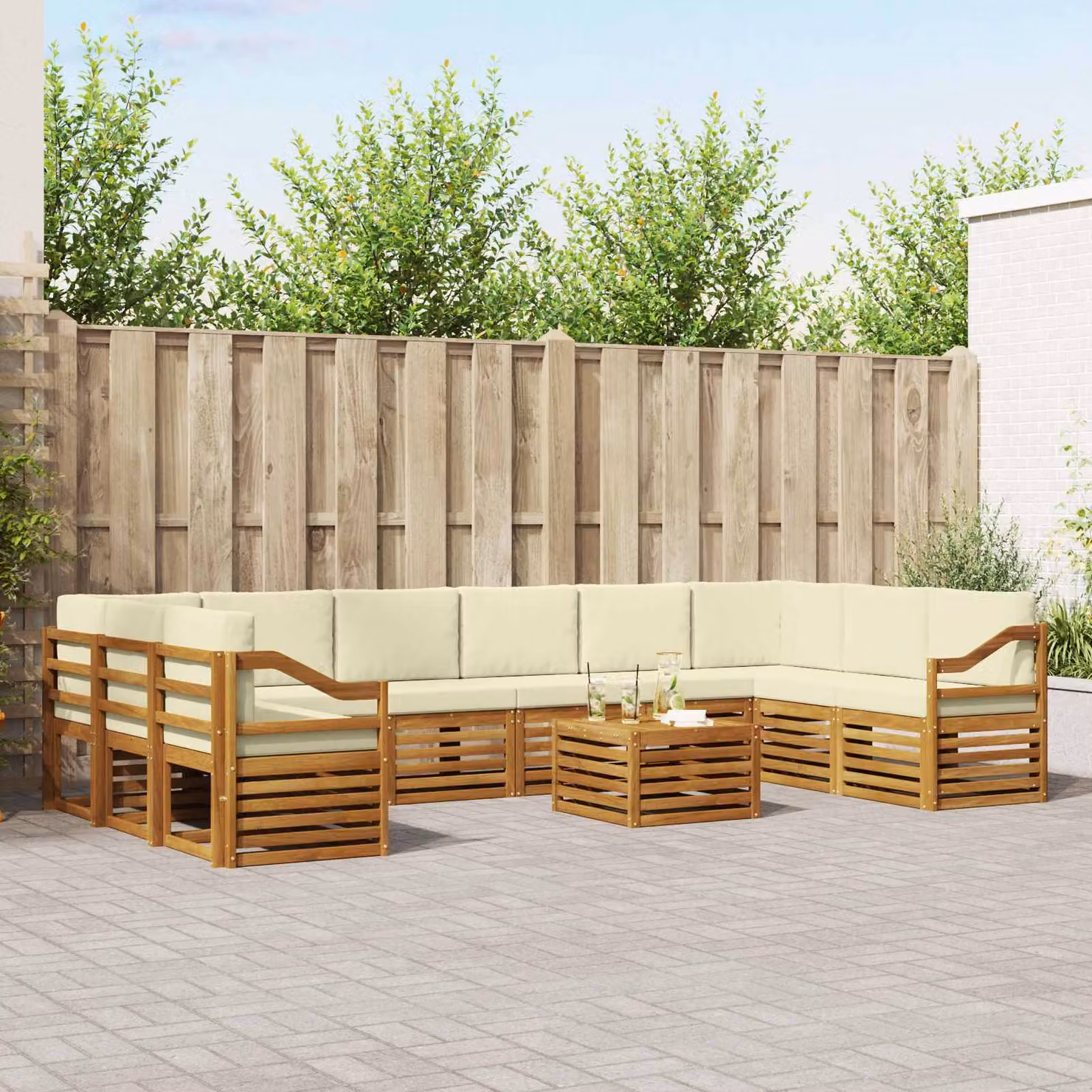 Set di divani da esterno vidaXL 11 pz in legno di acacia con cuscini, colore beige e marrone