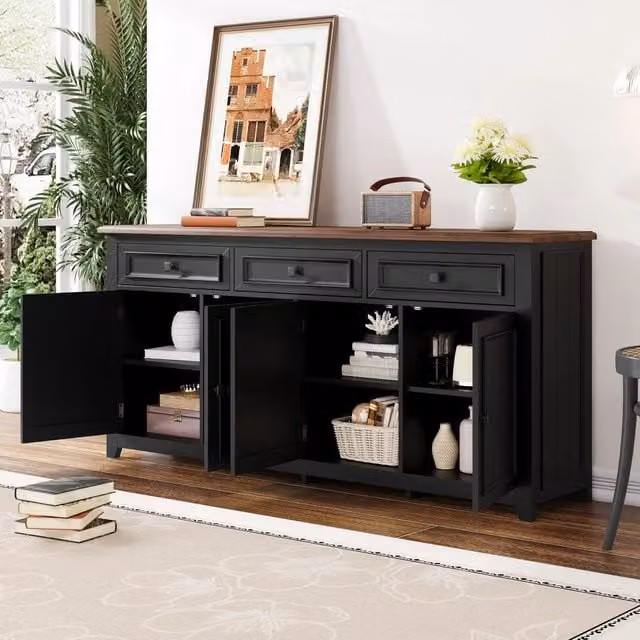 Credenza e madia con 3 cassetti, 4 ante e ripiani regolabili, per soggiorno e ingresso, in MDF nero, 160 × 35 × 76 cm