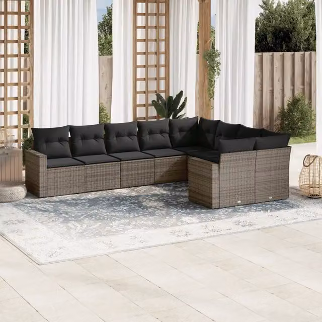 Set Divano da Giardino 9 pz con Cuscini Grigio in Polyrattan 3251777
