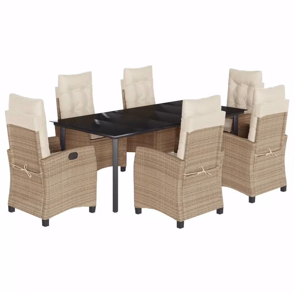 Set da Pranzo da Giardino vidaXL in Polyrattan con Cuscini Beige e Tavolo in Vetro, 7 Pezzi – 2