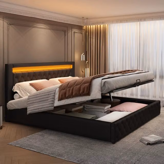 Letto contenitore matrimoniale 160 × 200 cm con LED regolabile e testiera alta, senza materasso, in PU nero