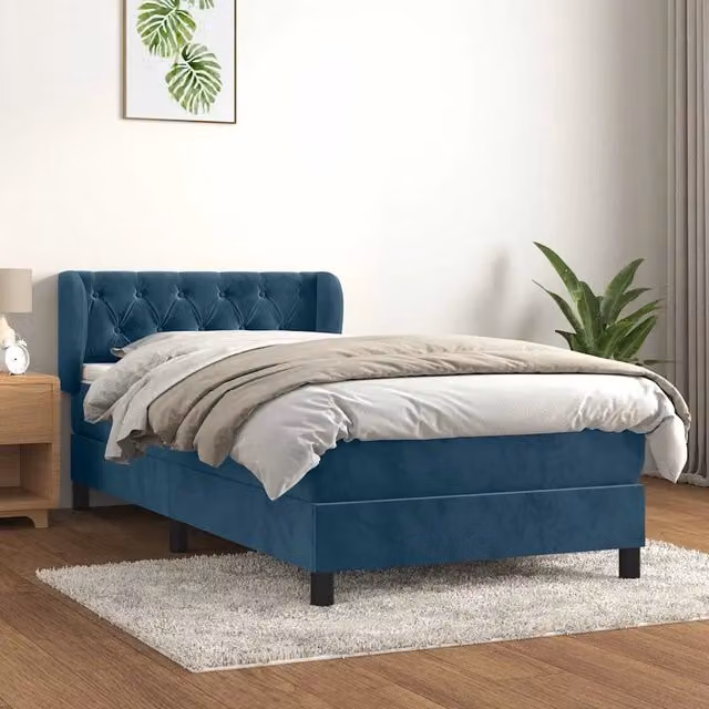Letto matrimoniale moderno vidaXL con struttura in legno di larice e materasso ibrido in velluto blu e bianco L/P/H: 200 x 203 x 88 cm – 1