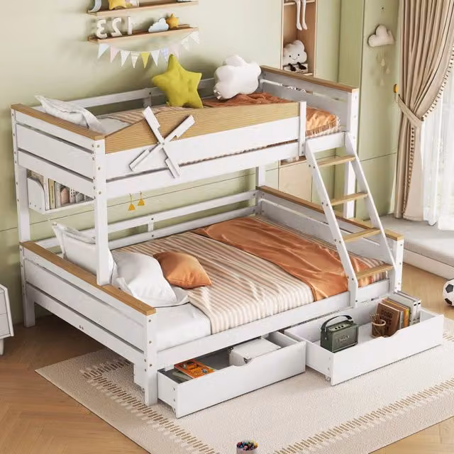 Letto a castello 3 posti 90×200 cm e 140×200 cm con mensole, 2 cassetti e scala, senza materasso, bianco naturale