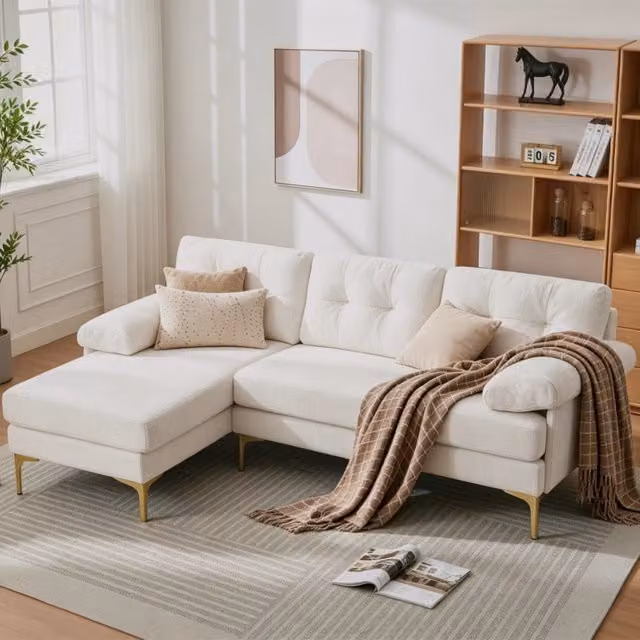 Divano Angolare 3 Posti ¨C MINIMAL ¨C Chenille Beige, Gambe in Metallo, Funzione Relax